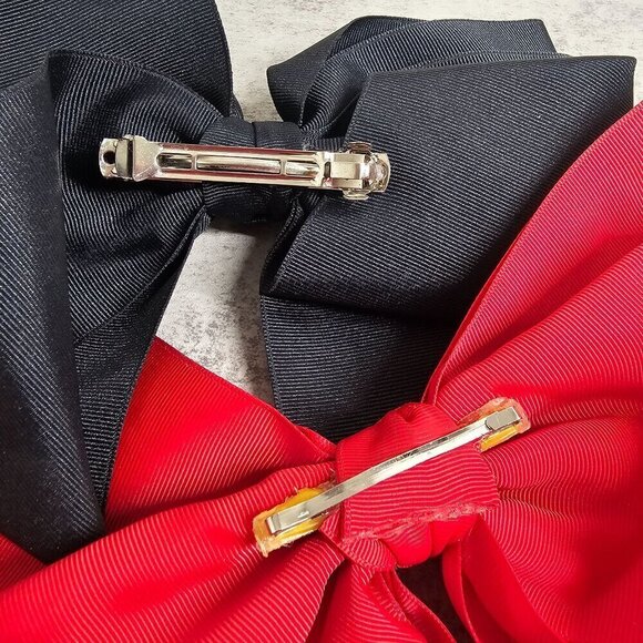 Vintage Oversized Hair Bows - Red & Black Satin Clip-On Accessories 8", 10" - Picture 6 of 6